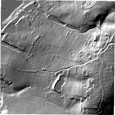 Shaded relief map of the ground around SO317AL, computed from Environment Agency LiDAR. The ground here sits at about 13 m above sea level and falls 38 m across the surrounding 800 m. Surface water reaching this point runs off ground lying to the east-south-east, 22.1 m higher.