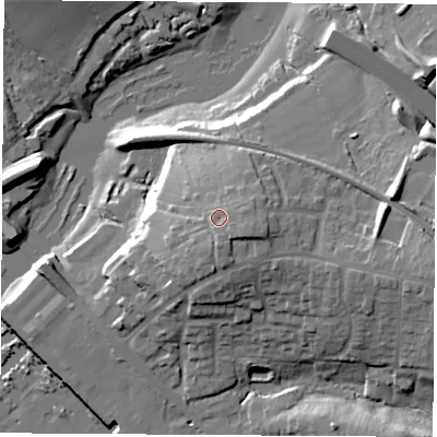 Shaded relief map of the ground around SO317DF, computed from Environment Agency LiDAR. The ground here sits at about 15 m above sea level and falls 20 m across the surrounding 800 m. Surface water reaching this point runs off ground lying to the east-south-east, 2.8 m higher.