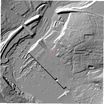 Shaded relief map of the ground around SO317EB, computed from Environment Agency LiDAR. The ground here sits at about 4 m above sea level and falls 20 m across the surrounding 800 m. Surface water reaching this point runs off ground lying to the east-north-east, 10.2 m higher.