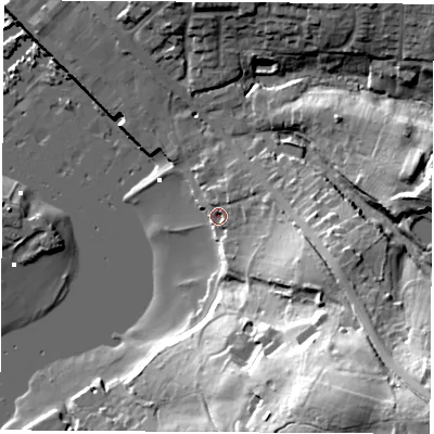 Shaded relief map of the ground around SO317EF, computed from Environment Agency LiDAR. The ground here sits at about 4 m above sea level and falls 41 m across the surrounding 800 m. Surface water reaching this point runs off ground lying to the east-south-east, 16.4 m higher.