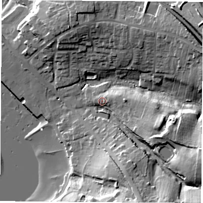Shaded relief map of the ground around SO317EG, computed from Environment Agency LiDAR. The ground here sits at about 6 m above sea level and falls 27 m across the surrounding 800 m. Surface water reaching this point runs off ground lying to the east-south-east, 21.6 m higher.