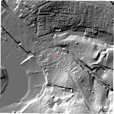 Shaded relief map of the ground around SO317FL, computed from Environment Agency LiDAR. The ground here sits at about 6 m above sea level and falls 37 m across the surrounding 800 m. Surface water reaching this point runs off ground lying to the east-south-east, 1.6 m higher.