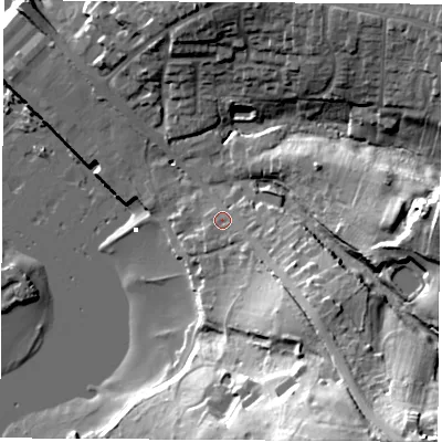 Shaded relief map of the ground around SO317FN, computed from Environment Agency LiDAR. The ground here sits at about 5 m above sea level and falls 36 m across the surrounding 800 m. Surface water reaching this point runs off ground lying to the south-east, 2.1 m higher.