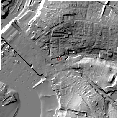 Shaded relief map of the ground around SO317GB, computed from Environment Agency LiDAR. The ground here sits at about 3 m above sea level and falls 23 m across the surrounding 800 m. Surface water reaching this point runs off ground lying to the east-north-east, 16.2 m higher.