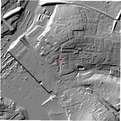 Shaded relief map of the ground around SO317GS, computed from Environment Agency LiDAR. The ground here sits at about 5 m above sea level and falls 20 m across the surrounding 800 m. Surface water reaching this point runs off ground lying to the north-north-east, 13.1 m higher.