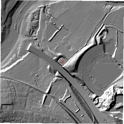 Shaded relief map of the ground around SO317GW, computed from Environment Agency LiDAR. The ground here sits at about 9 m above sea level and falls 36 m across the surrounding 800 m. Surface water reaching this point runs off ground lying to the east-south-east, 10.0 m higher.