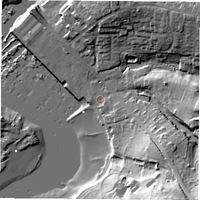 Shaded relief map of the ground around SO317HP, computed from Environment Agency LiDAR. The ground here sits at about 3 m above sea level and falls 33 m across the surrounding 800 m. Surface water reaching this point runs off ground lying to the east-south-east, 1.4 m higher.