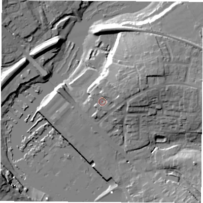 Shaded relief map of the ground around SO317PS, computed from Environment Agency LiDAR. The ground here sits at about 7 m above sea level and falls 20 m across the surrounding 800 m. Surface water reaching this point runs off ground lying to the east-north-east, 7.8 m higher.