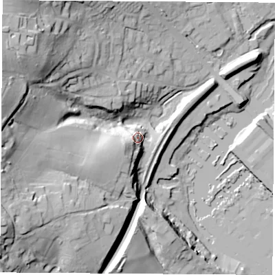 Shaded relief map of the ground around SO318AA, computed from Environment Agency LiDAR. The ground here sits at about 13 m above sea level and falls 47 m across the surrounding 800 m. Surface water reaching this point runs off ground lying to the south-west, 15.3 m higher.