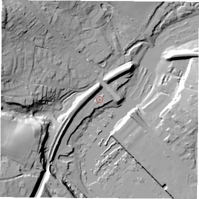 Shaded relief map of the ground around SO318AW, computed from Environment Agency LiDAR. The ground here sits at about 2 m above sea level and falls 34 m across the surrounding 800 m. Surface water reaching this point runs off ground lying to the north, 6.9 m higher.