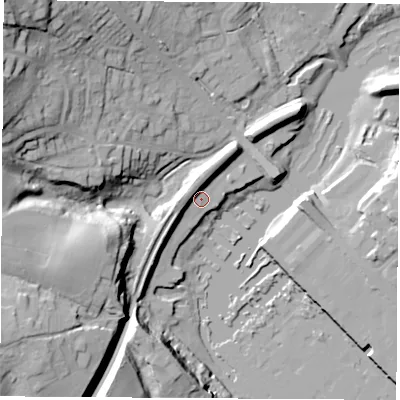 Shaded relief map of the ground around SO318AZ, computed from Environment Agency LiDAR. The ground here sits at about 3 m above sea level and falls 42 m across the surrounding 800 m. Surface water reaching this point runs off ground lying to the south-west, 23.2 m higher.