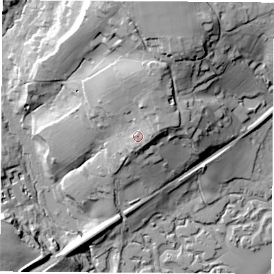 Shaded relief map of the ground around SO318DH, computed from Environment Agency LiDAR. The ground here sits at about 25 m above sea level and falls 41 m across the surrounding 800 m. Surface water reaching this point runs off ground lying to the east, 4.9 m higher.