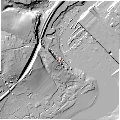 Shaded relief map of the ground around SO318DN, computed from Environment Agency LiDAR. The ground here sits at about 5 m above sea level and falls 28 m across the surrounding 800 m. Surface water reaching this point runs off ground lying to the west, 13.8 m higher.