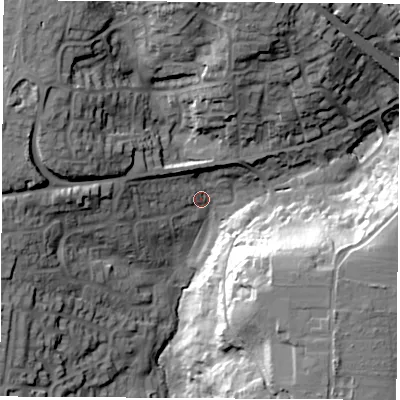Shaded relief map of the ground around SO318FN, computed from Environment Agency LiDAR. The ground here sits at about 20 m above sea level and falls 40 m across the surrounding 800 m. Surface water reaching this point runs off ground lying to the north-west, 28.0 m higher.