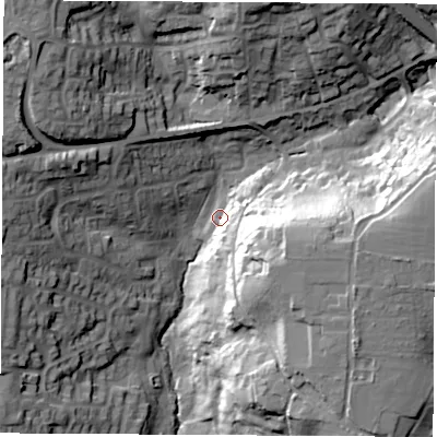 Shaded relief map of the ground around SO318GB, computed from Environment Agency LiDAR. The ground here sits at about 17 m above sea level and falls 37 m across the surrounding 800 m. Surface water reaching this point runs off ground lying to the north-west, 30.1 m higher.