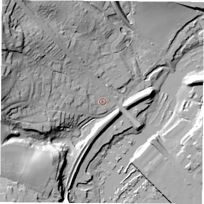 Shaded relief map of the ground around SO318JJ, computed from Environment Agency LiDAR. The ground here sits at about 5 m above sea level and falls 41 m across the surrounding 800 m. Surface water reaching this point runs off ground lying to the west, 29.1 m higher.