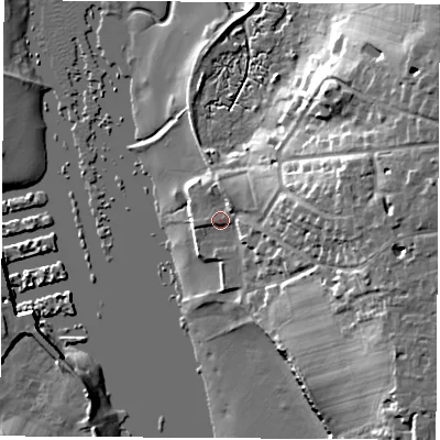 Shaded relief map of the ground around SO319FR, computed from Environment Agency LiDAR. The ground here sits at about 3 m above sea level and falls 19 m across the surrounding 800 m. Surface water reaching this point runs off ground lying to the east, 13.9 m higher.