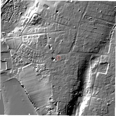 Shaded relief map of the ground around SO319FS, computed from Environment Agency LiDAR. The ground here sits at about 16 m above sea level and falls 22 m across the surrounding 800 m. Surface water reaching this point runs off ground lying to the east, 0.9 m higher.