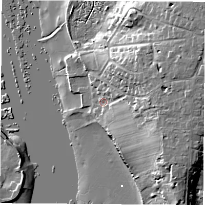 Shaded relief map of the ground around SO319FT, computed from Environment Agency LiDAR. The ground here sits at about 4 m above sea level and falls 20 m across the surrounding 800 m. Surface water reaching this point runs off ground lying to the east, 13.6 m higher.