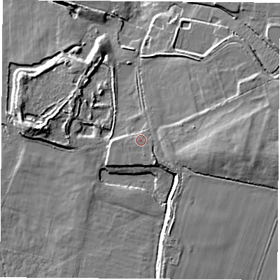 Shaded relief map of the ground around SO319HF, computed from Environment Agency LiDAR. The ground here sits at about 18 m above sea level and falls 12 m across the surrounding 800 m. Surface water reaching this point runs off ground lying to the south-east, 0.6 m higher.
