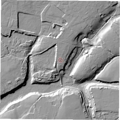 Shaded relief map of the ground around SO319HJ, computed from Environment Agency LiDAR. The ground here sits at about 16 m above sea level and falls 19 m across the surrounding 800 m. Surface water reaching this point runs off ground lying to the north-north-west, 2.2 m higher.
