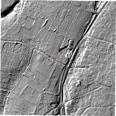 Shaded relief map of the ground around SO319HS, computed from Environment Agency LiDAR. The ground here sits at about 20 m above sea level and falls 15 m across the surrounding 800 m. Surface water reaching this point runs off ground lying to the north, 3.1 m higher.