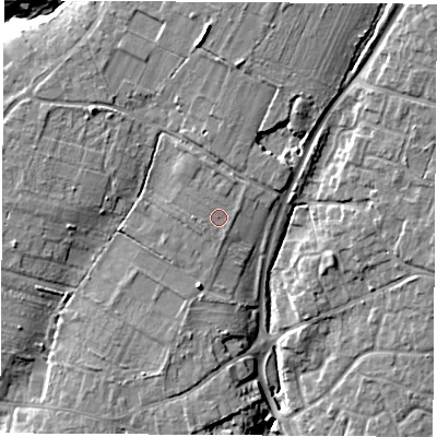 Shaded relief map of the ground around SO319HT, computed from Environment Agency LiDAR. The ground here sits at about 19 m above sea level and falls 15 m across the surrounding 800 m. Surface water reaching this point runs off ground lying to the north-north-east, 1.5 m higher.
