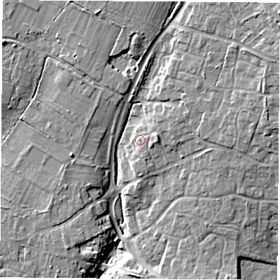 Shaded relief map of the ground around SO319TS, computed from Environment Agency LiDAR. The ground here sits at about 18 m above sea level and falls 19 m across the surrounding 800 m. Surface water reaching this point runs off ground lying to the east-north-east, 3.1 m higher.