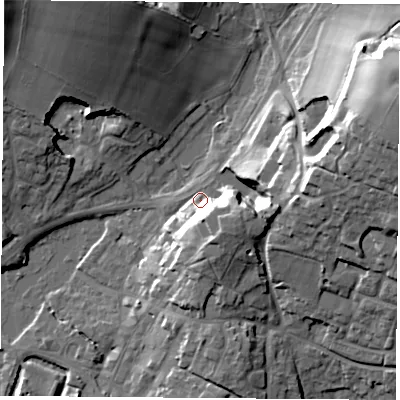 Shaded relief map of the ground around SO321AS, computed from Environment Agency LiDAR. The ground here sits at about 38 m above sea level and falls 27 m across the surrounding 800 m. Surface water reaching this point runs off ground lying to the east-south-east, 12.7 m higher.