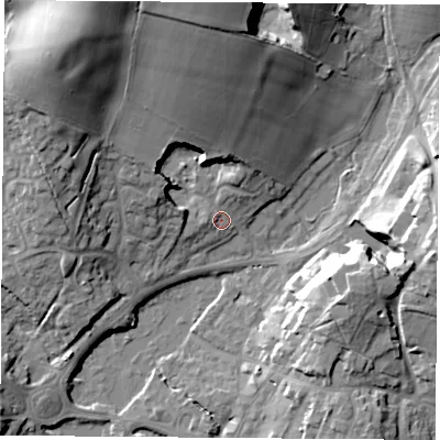 Shaded relief map of the ground around SO321AT, computed from Environment Agency LiDAR. The ground here sits at about 38 m above sea level and falls 27 m across the surrounding 800 m. Surface water reaching this point runs off ground lying to the north-north-west, 14.8 m higher.