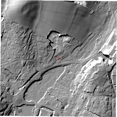 Shaded relief map of the ground around SO321AU, computed from Environment Agency LiDAR. The ground here sits at about 37 m above sea level and falls 29 m across the surrounding 800 m. Surface water reaching this point runs off ground lying to the north-north-west, 2.9 m higher.