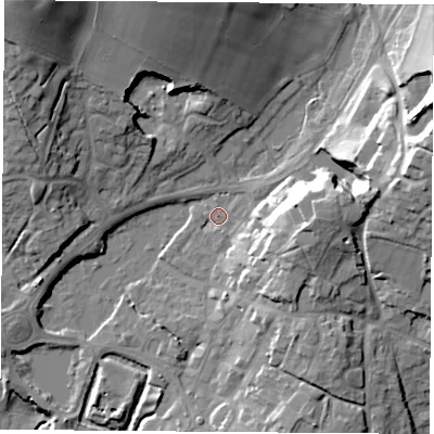 Shaded relief map of the ground around SO321AW, computed from Environment Agency LiDAR. The ground here sits at about 36 m above sea level and falls 30 m across the surrounding 800 m. Surface water reaching this point runs off ground lying to the east-north-east, 20.3 m higher.