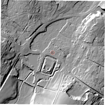Shaded relief map of the ground around SO321BA, computed from Environment Agency LiDAR. The ground here sits at about 37 m above sea level and falls 29 m across the surrounding 800 m. Surface water reaching this point runs off ground lying to the east, 1.8 m higher.