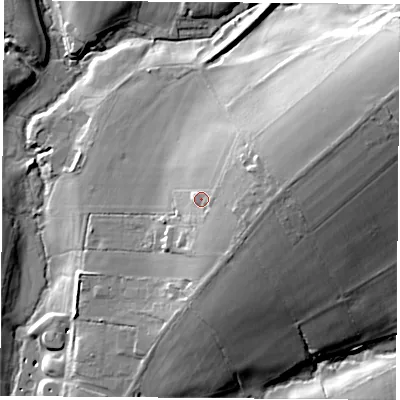 Shaded relief map of the ground around SO321DR, computed from Environment Agency LiDAR. The ground here sits at about 36 m above sea level and falls 33 m across the surrounding 800 m. Surface water reaching this point runs off ground lying to the east, 9.1 m higher.