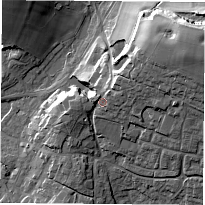 Shaded relief map of the ground around SO321EE, computed from Environment Agency LiDAR. The ground here sits at about 48 m above sea level and falls 30 m across the surrounding 800 m. Surface water reaching this point runs off ground lying to the east-north-east, 4.5 m higher.