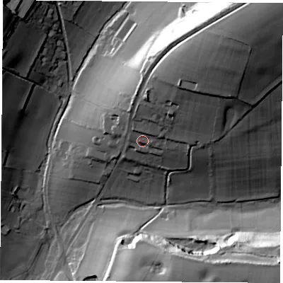 Shaded relief map of the ground around SO321EF, computed from Environment Agency LiDAR. The ground here sits at about 52 m above sea level and falls 48 m across the surrounding 800 m. Surface water reaching this point runs off ground lying to the north-east, 29.0 m higher.