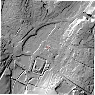 Shaded relief map of the ground around SO321EY, computed from Environment Agency LiDAR. The ground here sits at about 36 m above sea level and falls 28 m across the surrounding 800 m. Surface water reaching this point runs off ground lying to the south-south-east, 19.4 m higher.