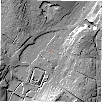 Shaded relief map of the ground around SO321RZ, computed from Environment Agency LiDAR. The ground here sits at about 36 m above sea level and falls 25 m across the surrounding 800 m. Surface water reaching this point runs off ground lying to the east, 10.7 m higher.