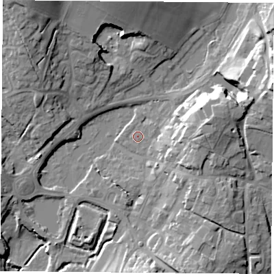 Shaded relief map of the ground around SO321SY, computed from Environment Agency LiDAR. The ground here sits at about 36 m above sea level and falls 26 m across the surrounding 800 m. Surface water reaching this point runs off ground lying to the east, 11.8 m higher.