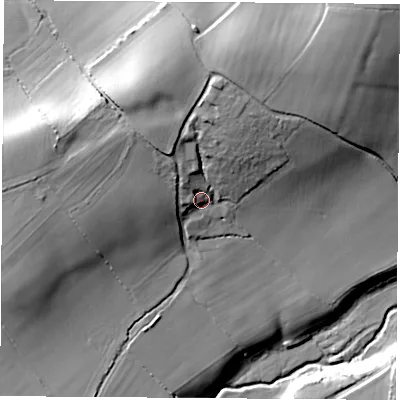 Shaded relief map of the ground around SO322BP, computed from Environment Agency LiDAR. The ground here sits at about 25 m above sea level and falls 29 m across the surrounding 800 m. Surface water reaching this point runs off ground lying to the north-west, 6.1 m higher.
