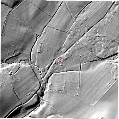 Shaded relief map of the ground around SO322BT, computed from Environment Agency LiDAR. The ground here sits at about 22 m above sea level and falls 21 m across the surrounding 800 m. Surface water reaching this point runs off ground lying to the north-east, 14.5 m higher.
