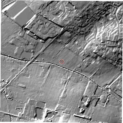 Shaded relief map of the ground around SO322FB, computed from Environment Agency LiDAR. The ground here sits at about 35 m above sea level and falls 25 m across the surrounding 800 m. Surface water reaching this point runs off ground lying to the north-east, 20.4 m higher.