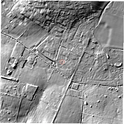 Shaded relief map of the ground around SO322FQ, computed from Environment Agency LiDAR. The ground here sits at about 40 m above sea level and falls 17 m across the surrounding 800 m. Surface water reaching this point runs off ground lying to the north-east, 2.0 m higher.