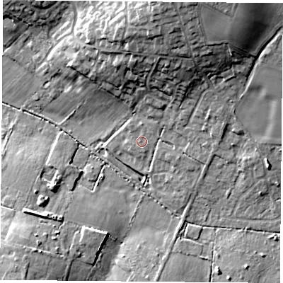 Shaded relief map of the ground around SO322FT, computed from Environment Agency LiDAR. The ground here sits at about 40 m above sea level and falls 21 m across the surrounding 800 m. Surface water reaching this point runs off ground lying to the north-east, 1.3 m higher.