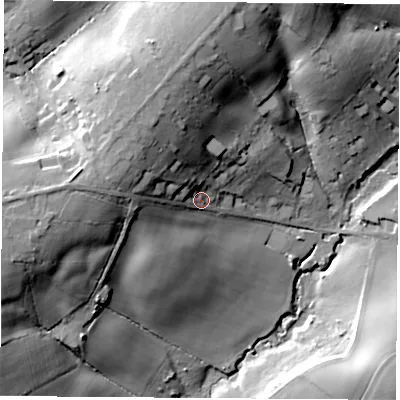 Shaded relief map of the ground around SO322HJ, computed from Environment Agency LiDAR. The ground here sits at about 30 m above sea level and falls 34 m across the surrounding 800 m. Surface water reaching this point runs off ground lying to the north-west, 18.4 m higher.
