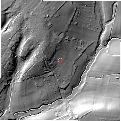 Shaded relief map of the ground around SO322JW, computed from Environment Agency LiDAR. The ground here sits at about 49 m above sea level and falls 34 m across the surrounding 800 m. Surface water reaching this point runs off ground lying to the north-west, 12.9 m higher.