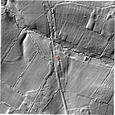 Shaded relief map of the ground around SO322LL, computed from Environment Agency LiDAR. The ground here sits at about 29 m above sea level and falls 12 m across the surrounding 800 m. Surface water reaching this point runs off ground lying to the south-south-west, 7.1 m higher.