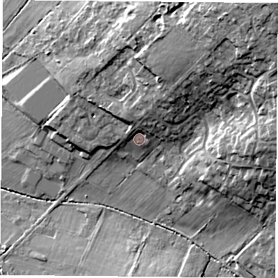 Shaded relief map of the ground around SO322PF, computed from Environment Agency LiDAR. The ground here sits at about 40 m above sea level and falls 30 m across the surrounding 800 m. Surface water reaching this point runs off ground lying to the north-north-east, 5.8 m higher.