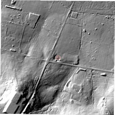 Shaded relief map of the ground around SO322PP, computed from Environment Agency LiDAR. The ground here sits at about 47 m above sea level and falls 44 m across the surrounding 800 m. Surface water reaching this point runs off ground lying to the west-south-west, 5.4 m higher.