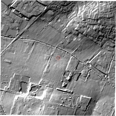Shaded relief map of the ground around SO322PR, computed from Environment Agency LiDAR. The ground here sits at about 37 m above sea level and falls 23 m across the surrounding 800 m. Surface water reaching this point runs off ground lying to the south, 6.5 m higher.